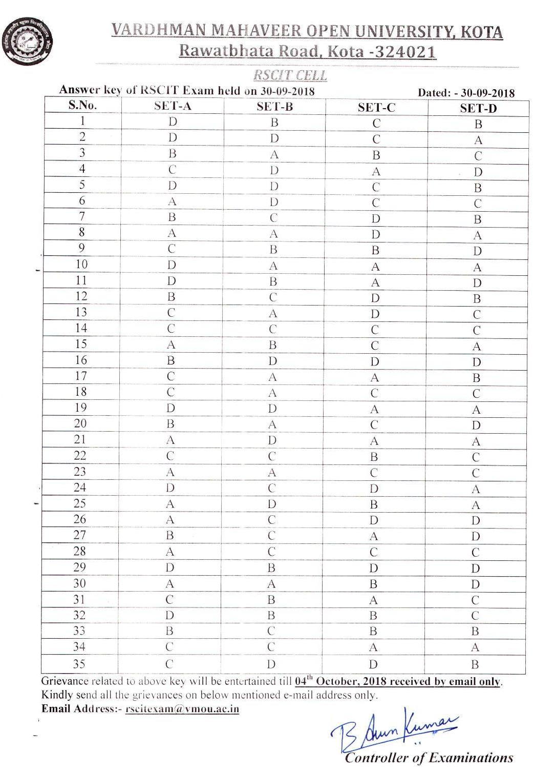 Answer Key of RSCIT Exam 30-09-2018 By VMOU Answer Key of RSCIT Exam 30-09-2018 By VMOU